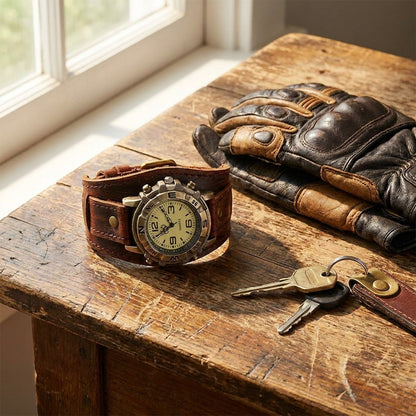 Leather cuff watch on a wooden table beside riding gloves and keys