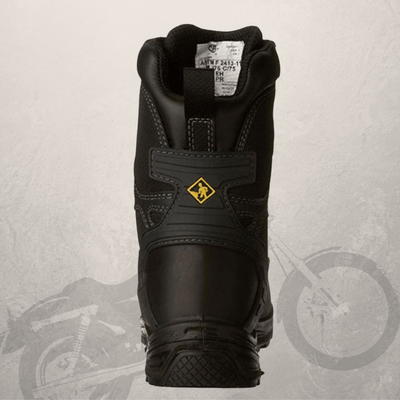 A pair of black Boa Work Boots Terra Rexton BOA® Best for Motorcycle & Work with a yellow logo, featuring safety features.