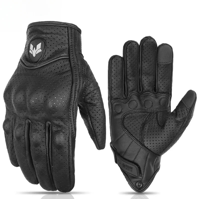 Black leather motorcycle gloves front and back