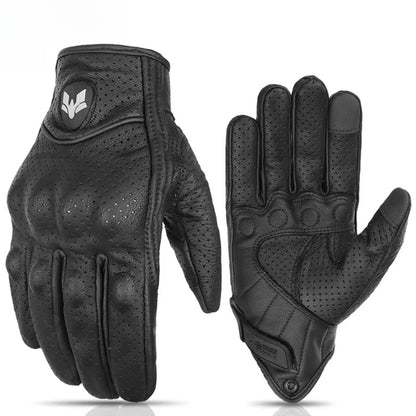 Black leather motorcycle gloves front and back