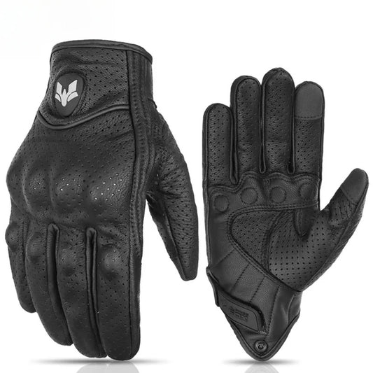 Black leather motorcycle gloves front and back