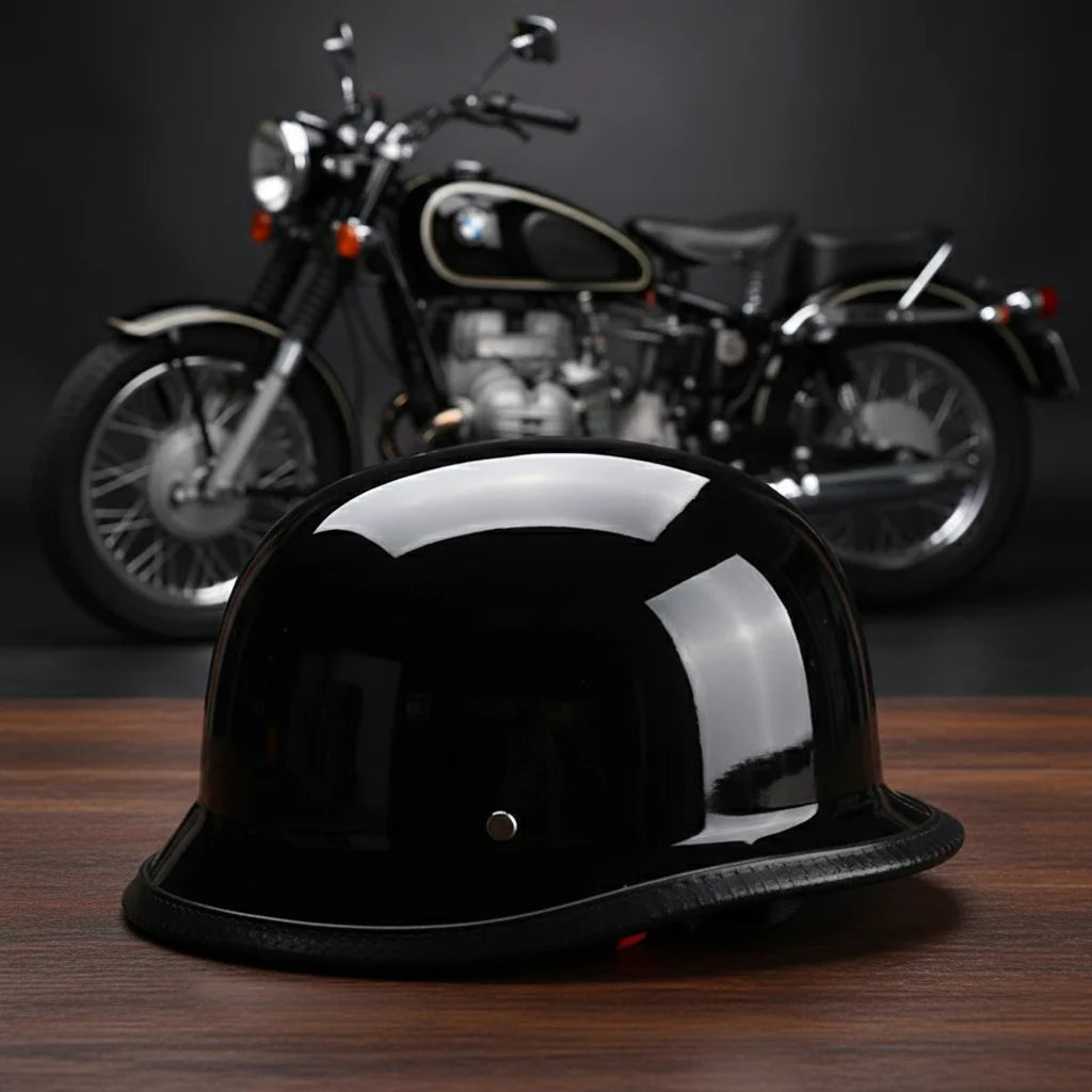 German style motorcycle half helmet gloss black WWII inspired vintage lid with classic motorcycle