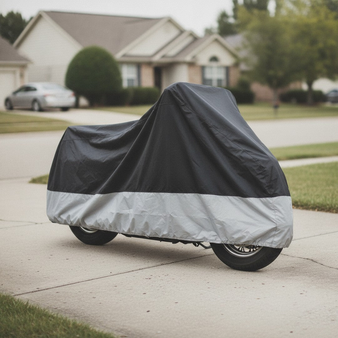 Black and gray waterproof motorcycle cover over a cruiser