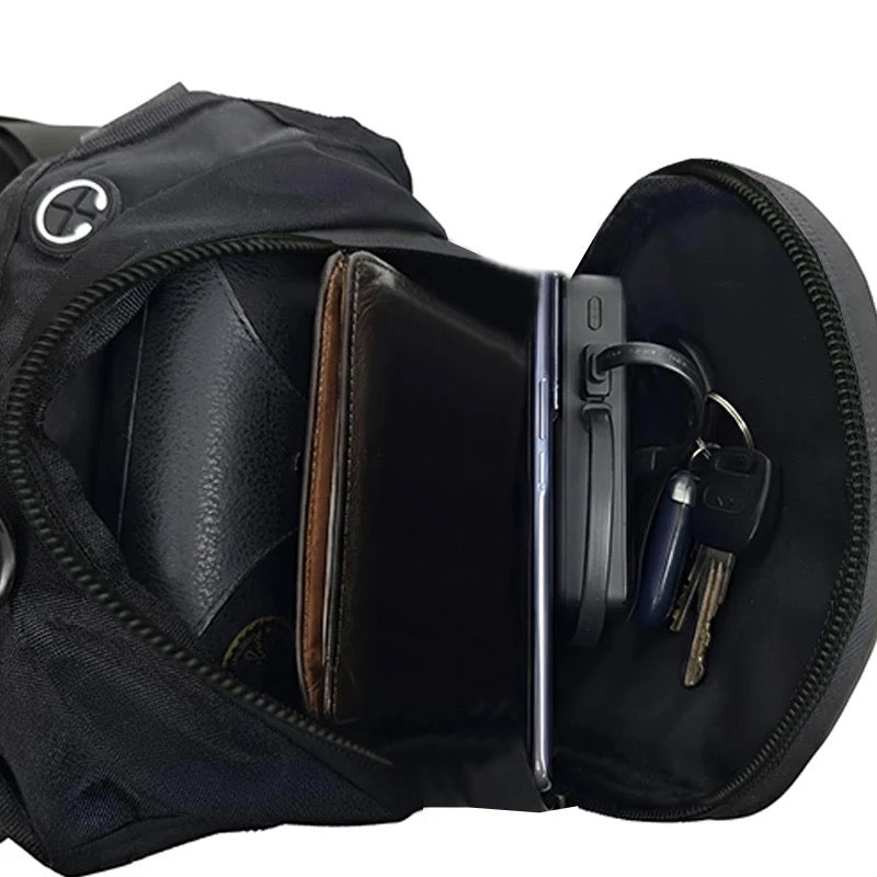 Open motorcycle leg bag showing the interior