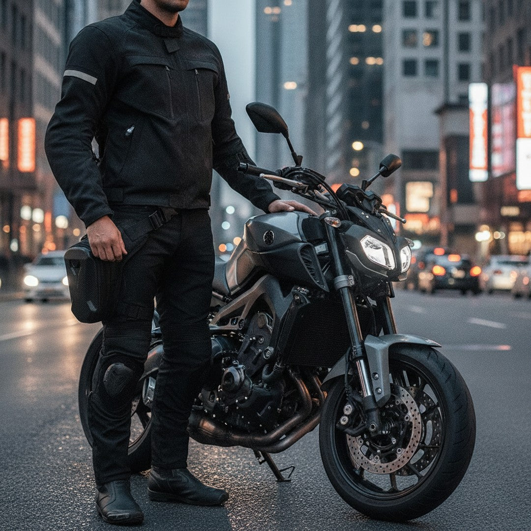 Rider wearing a motorcycle leg bag