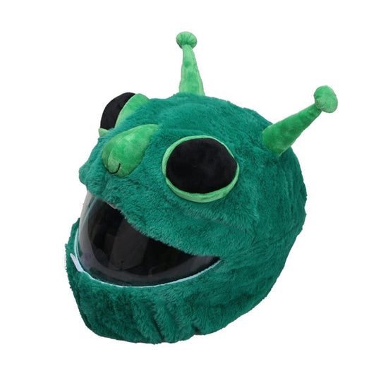 This Cool Motorcycle Helmet Cover - Alien is a green, plush alien-themed design with two antennae and large black eyes. The face area features a transparent visor, making it an attention-grabbing riding accessory that’s both hilarious and functional.