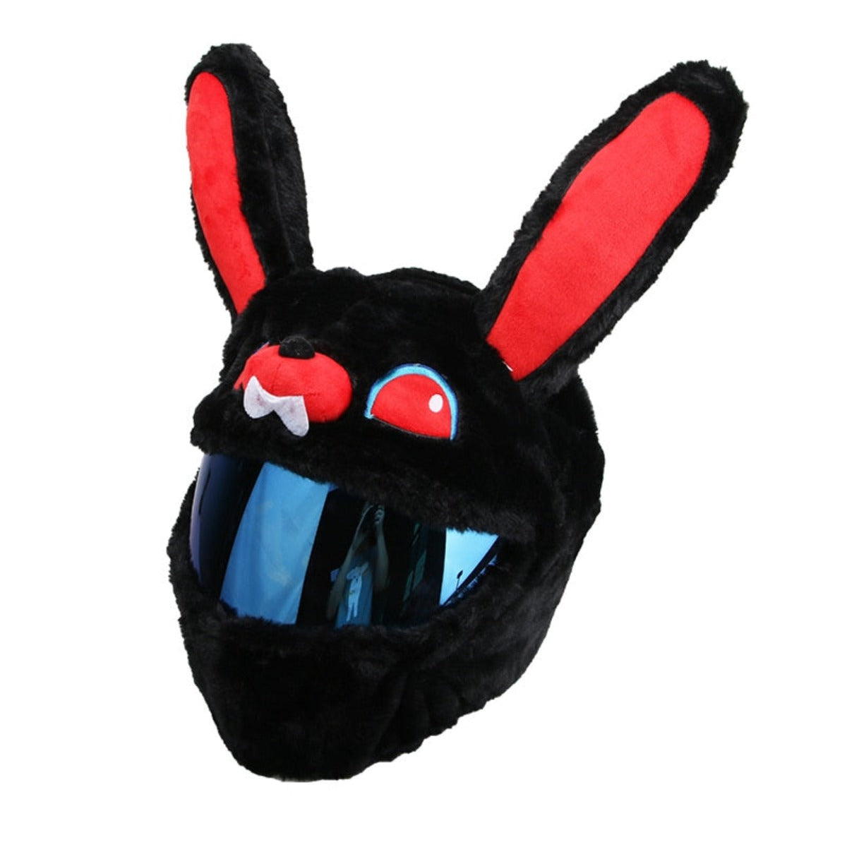 Introducing the Black Bunny Helmet Cover: a black, furry helmet cover featuring red bunny ears, striking red eyes, and a blue-tinted visor. This motorcycle accessory mimics a stylized bunny face complete with small fangs, making it the perfect riding companion for those seeking a distinctive appearance on the road.