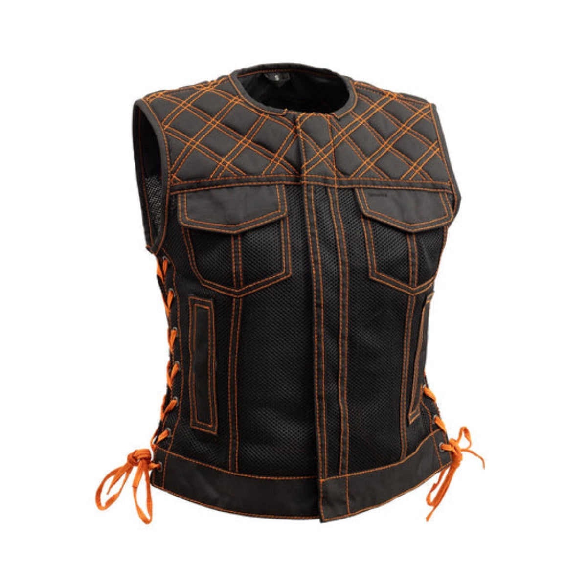 First Manufacturing Bonnie - Women's Moto Mesh Motorcycle Vest, Black/Orange