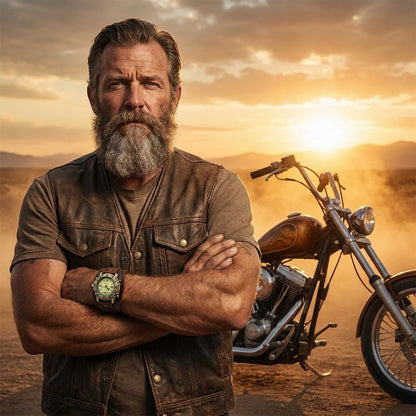Rider wearing the punk retro leather cuff watch beside a chopper