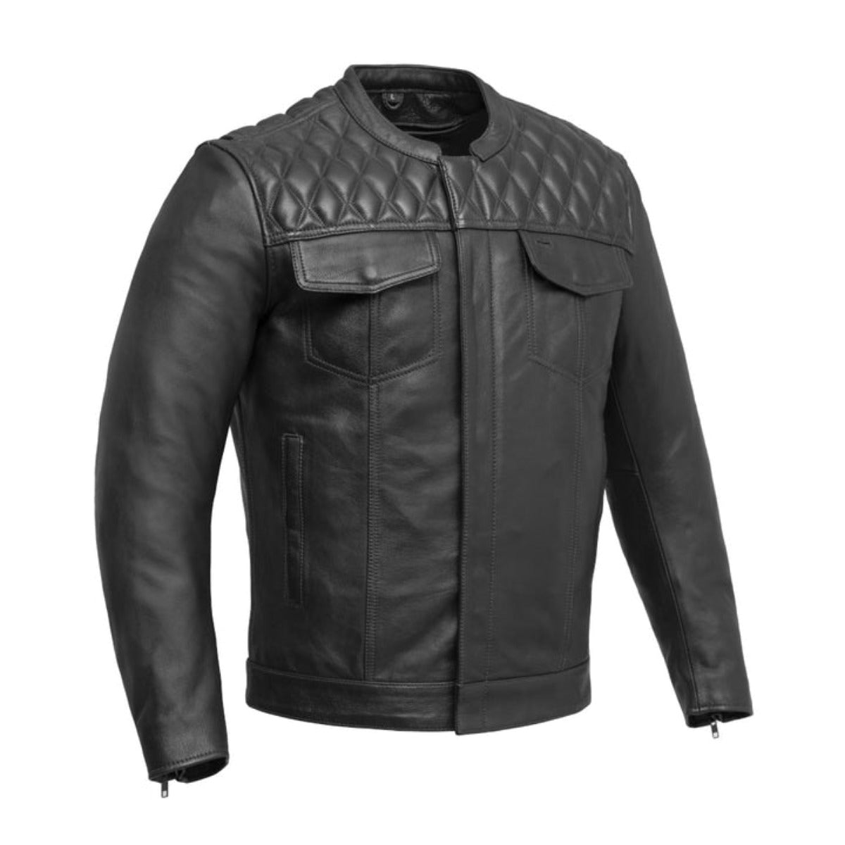 First Manufacturing Cinder - Men's Cafe Style Leather Jacket, Black