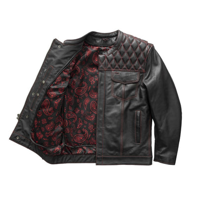 First Manufacturing Cinder - Men's Cafe Style Leather Jacket, Black/Red