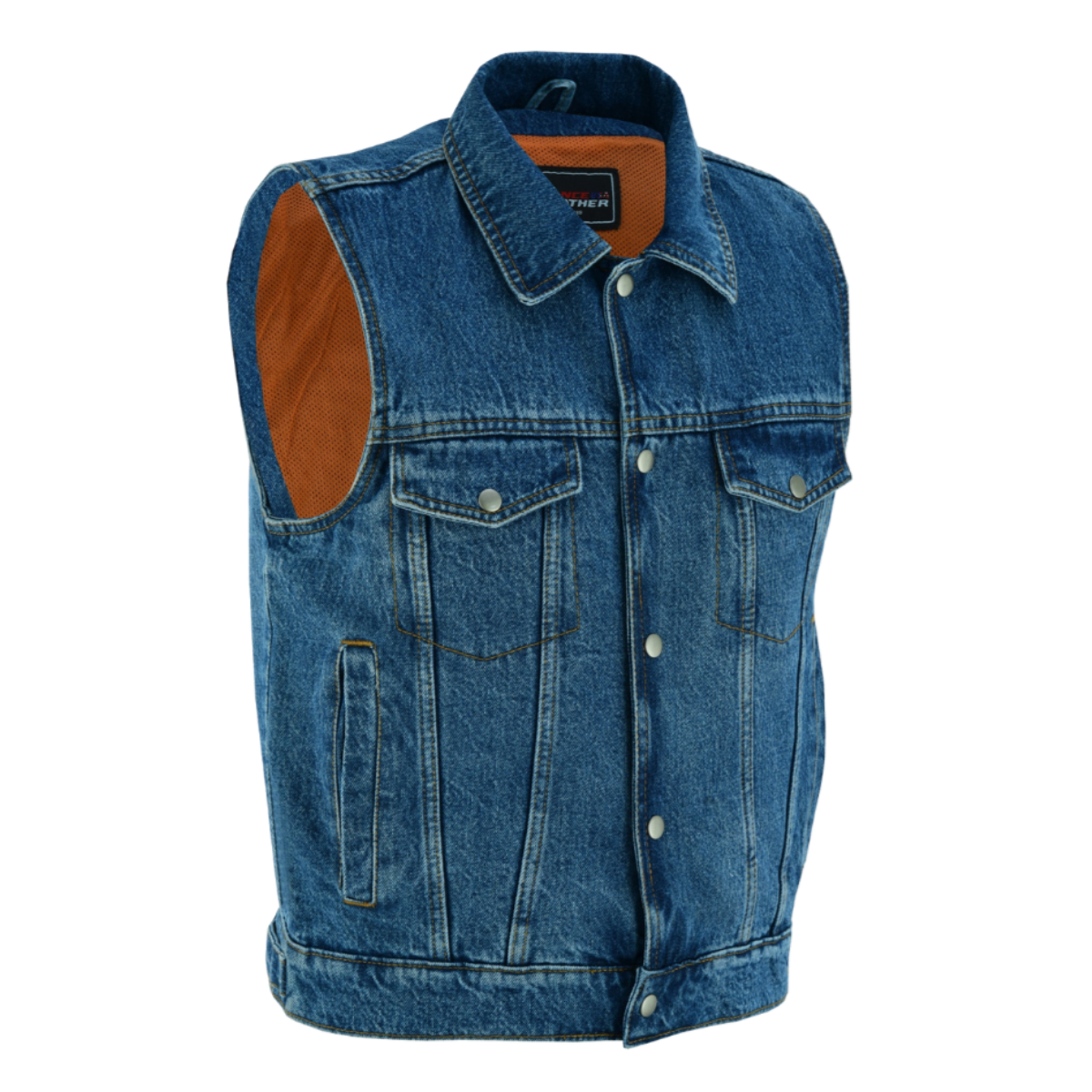 A Vance Leather Men's Denim Vest with Collar with an adjustable bottom on a white background.