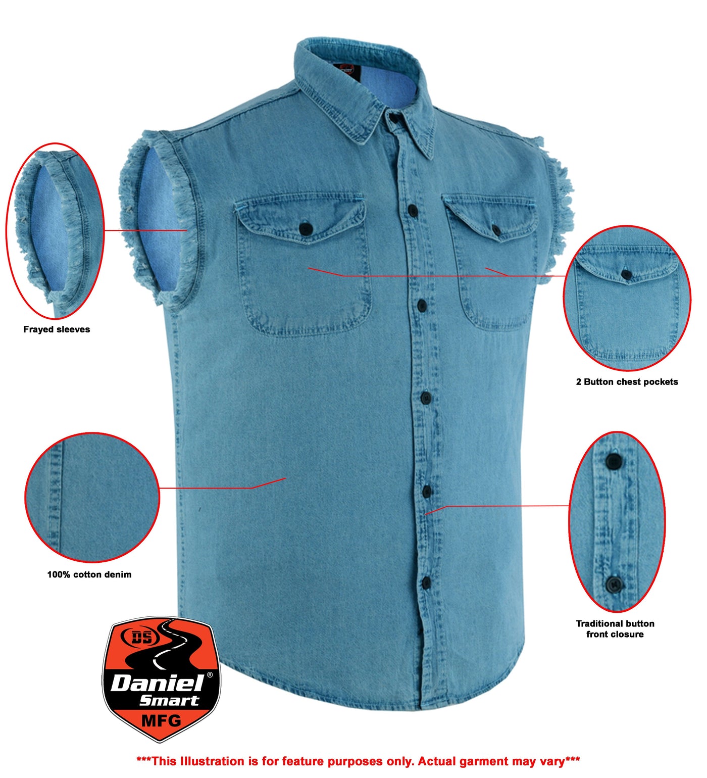 DM Men's Blue Lightweight Sleeveless Denim Shirt