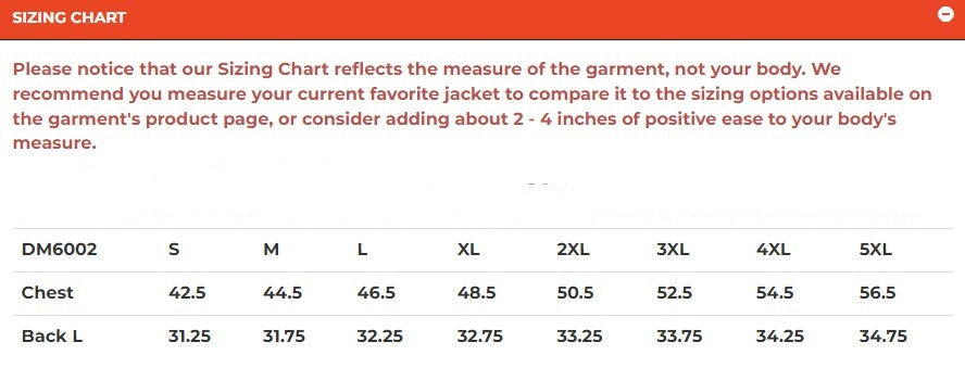 A sizing chart for the Daniel Smart Men's Blue Lightweight Sleeveless Denim Shirt, displaying chest and back length measurements in inches for sizes S, M, L, XL, 2XL, 3XL, 4XL, and 5XL. Crafted from lightweight cotton denim with a button-front closure and practical chest pockets.