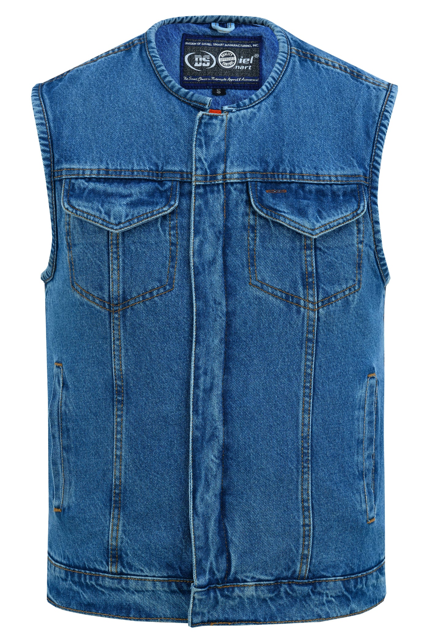 DM Mens Blue Denim Motorcycle Vest with Concealed Snaps & Zipper