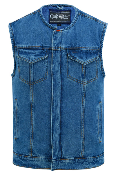 DM Mens Blue Denim Motorcycle Vest with Concealed Snaps & Zipper