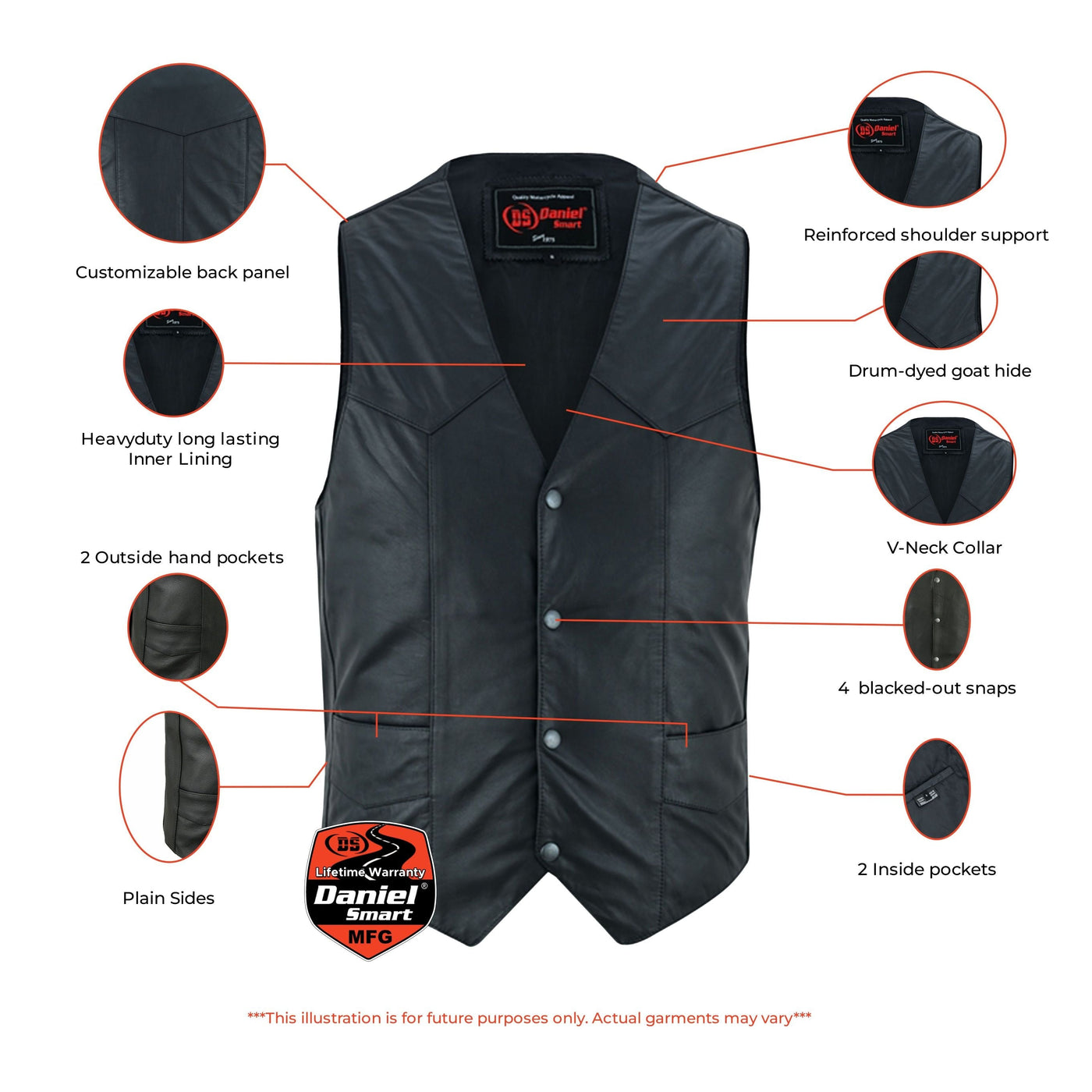 Men's Traditional Light Weight Black Leather Motorcycle Vest