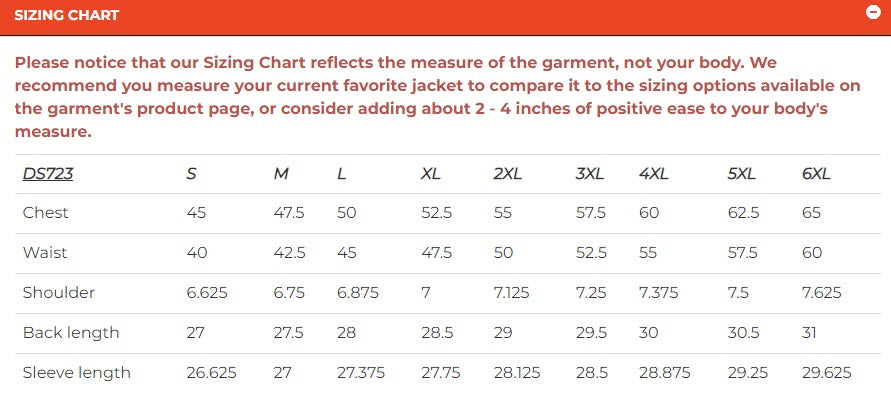 A sizing chart for the Daniel Smart Men's Motorcycle Leather Jacket - Exposed, listing sizes from S to 6XL with measurements in centimeters for chest, waist, shoulder, back length, and sleeve length.