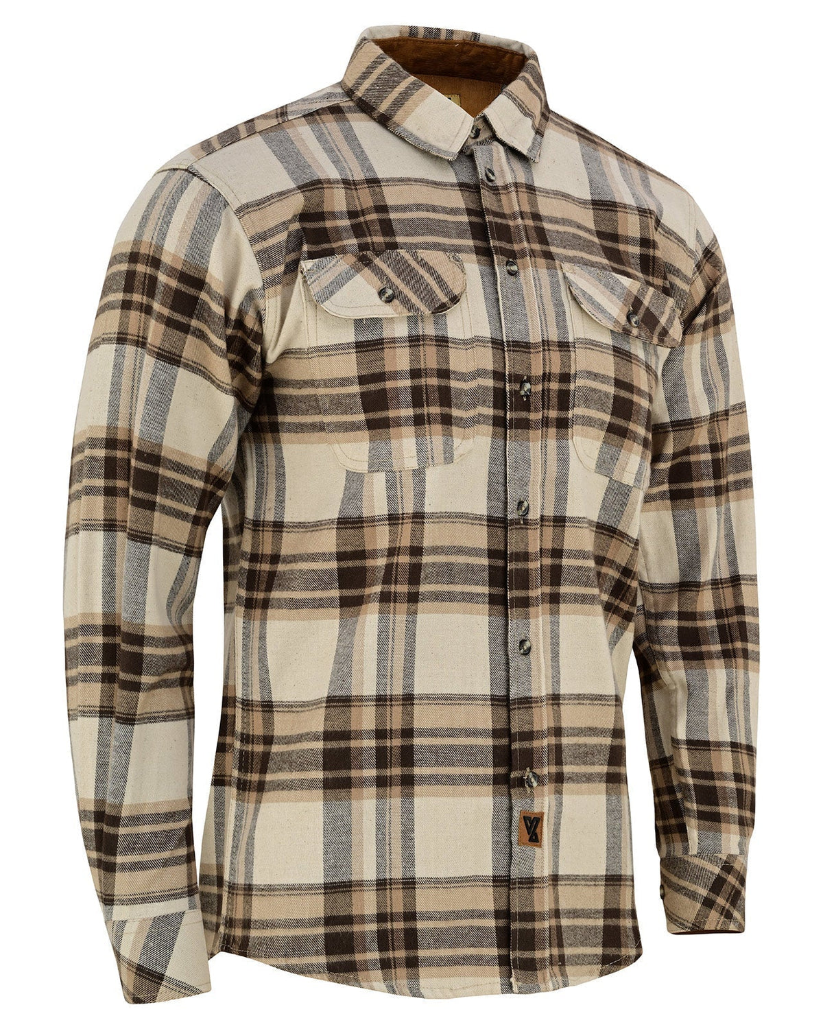 Vance Leather VB1720CoCr Men's Coffee & Cream Long Sleeve Plaid Button Down Casual Flannel Shirt, 100% Cotton, Corduroy Cuffs