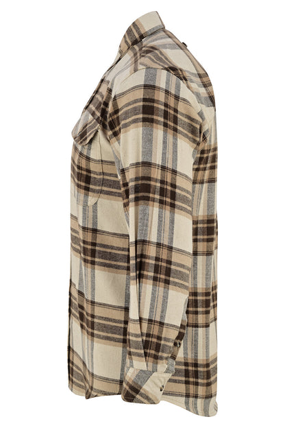 Vance Leather VB1720CoCr Men's Coffee & Cream Long Sleeve Plaid Button Down Casual Flannel Shirt, 100% Cotton, Corduroy Cuffs