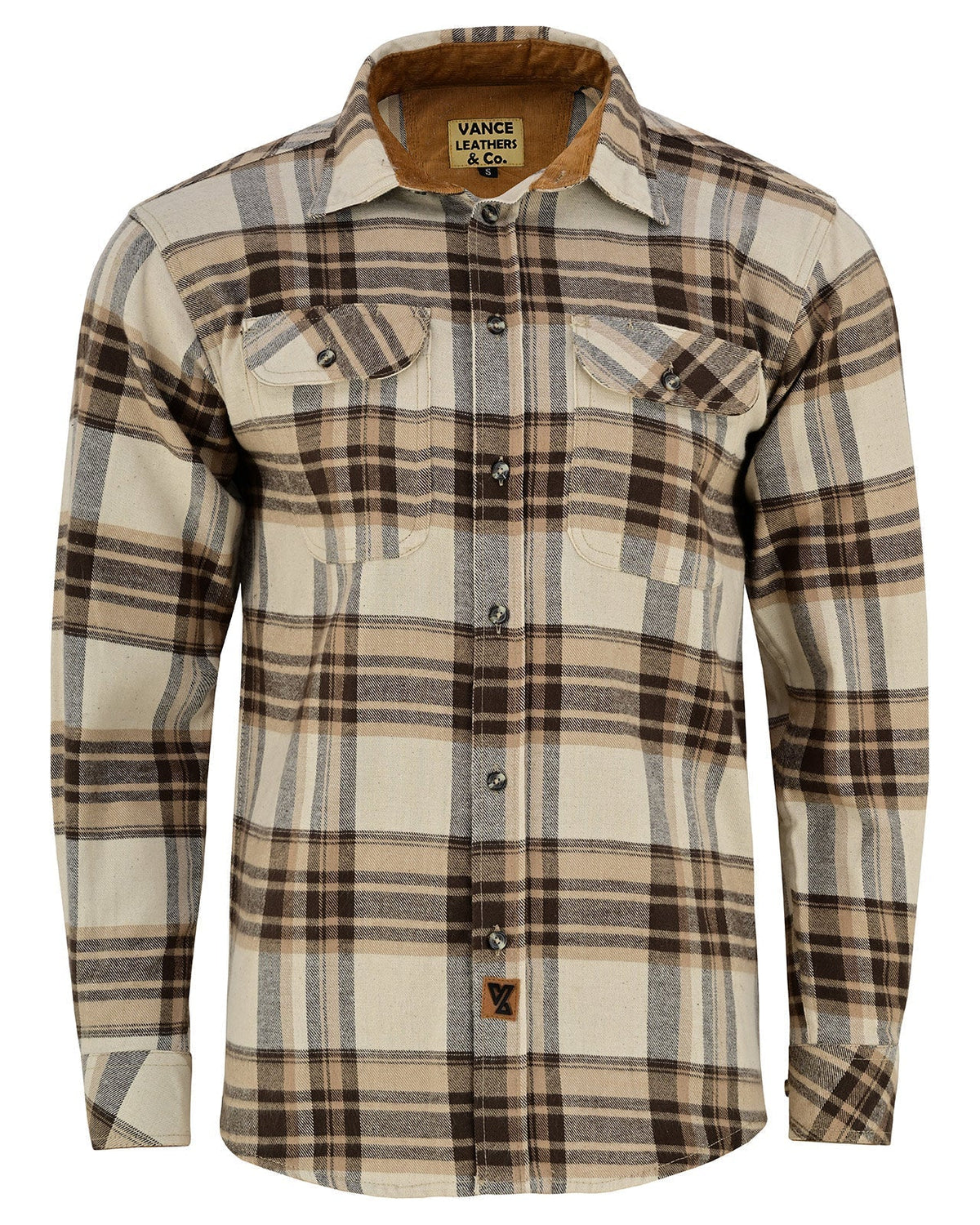Vance Leather VB1720CoCr Men's Coffee & Cream Long Sleeve Plaid Button Down Casual Flannel Shirt, 100% Cotton, Corduroy Cuffs