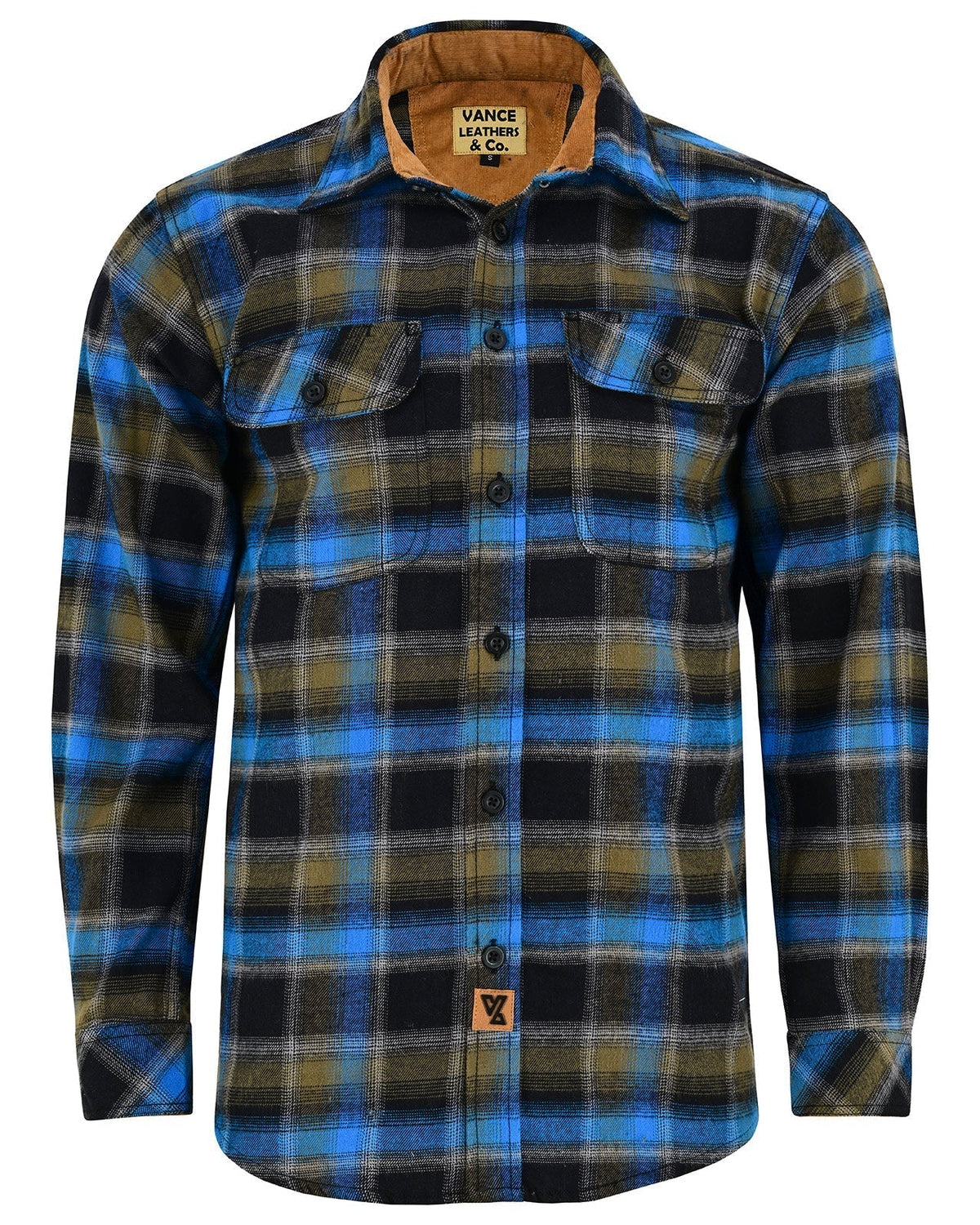 Vance Leather VB1716BrBl Plaid River Men's Long Sleeve Plaid Button Down Casual Flannel Shirt, 100% Cotton, Corduroy Cuffs