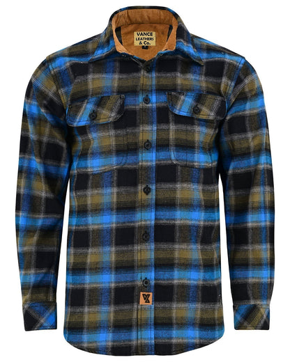 Vance Leather VB1716BrBl Plaid River Men's Long Sleeve Plaid Button Down Casual Flannel Shirt, 100% Cotton, Corduroy Cuffs