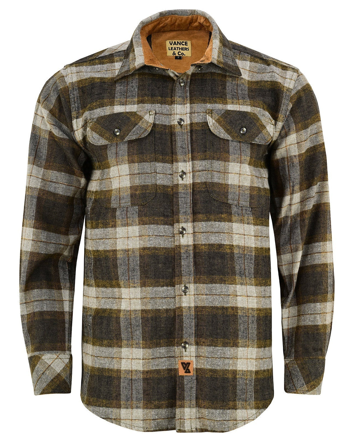 Vance Leather VB1713TG Tuscan Gold Men's Long Sleeve Plaid Button Down Casual Flannel Shirt, 100% Cotton, Corduroy Cuffs