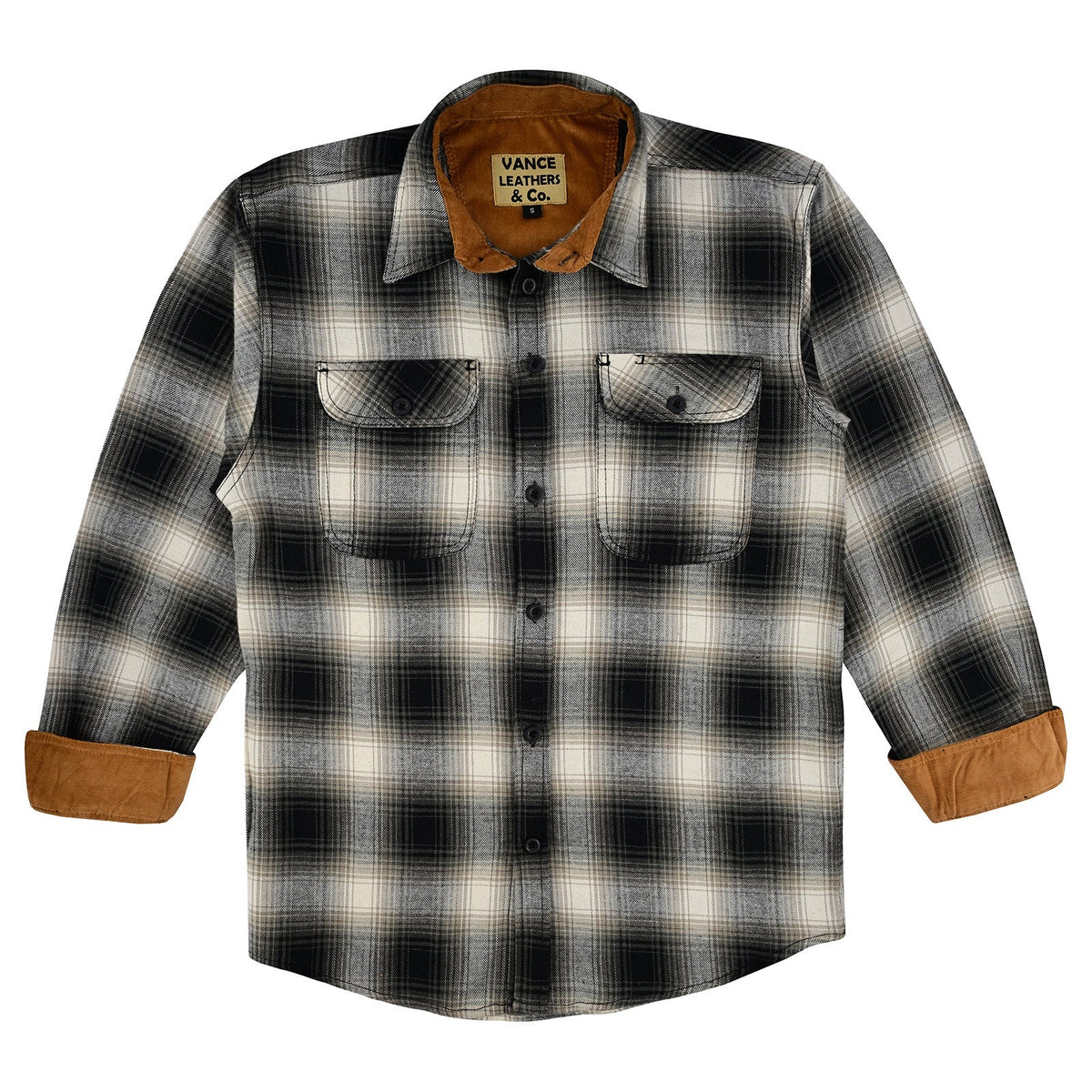 Vance Leather VB1717WGB Men's Timberwolf Long Sleeve Plaid Button Down Casual Flannel Shirt, 100% Cotton, Corduroy Cuffs