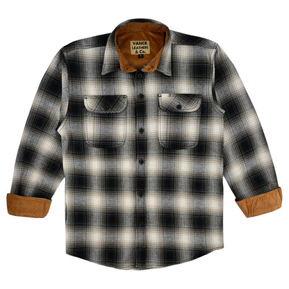 Vance Leather VB1717WGB Men's Timberwolf Long Sleeve Plaid Button Down Casual Flannel Shirt, 100% Cotton, Corduroy Cuffs