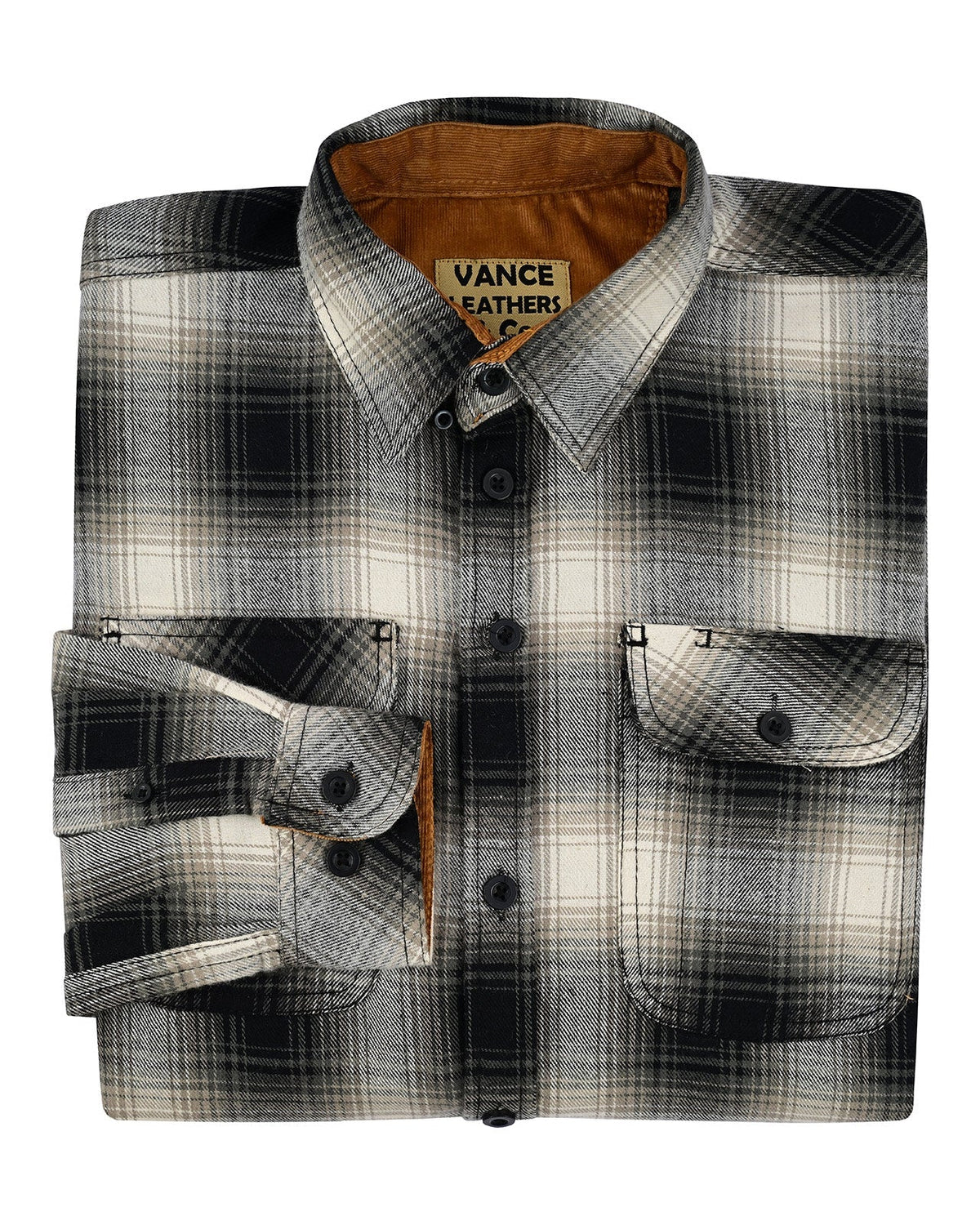 Vance Leather VB1717WGB Men's Timberwolf Long Sleeve Plaid Button Down Casual Flannel Shirt, 100% Cotton, Corduroy Cuffs