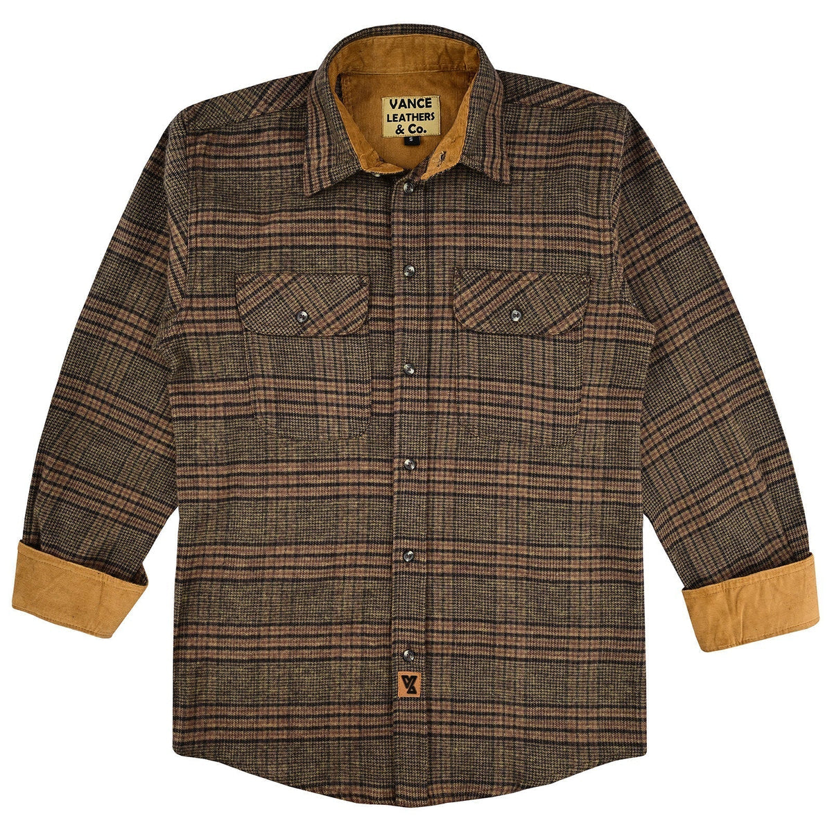 Vance Leather VB1715BRN Sequoia Men's Long Sleeve Plaid Button Down Casual Flannel Shirt, 100% Cotton, Corduroy Cuffs