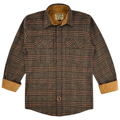 Vance Leather VB1715BRN Sequoia Men's Long Sleeve Plaid Button Down Casual Flannel Shirt, 100% Cotton, Corduroy Cuffs
