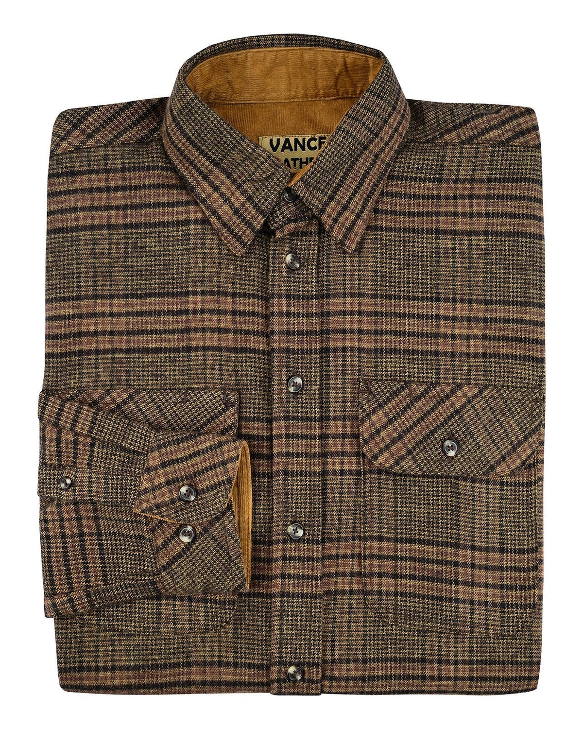 Vance Leather VB1715BRN Sequoia Men's Long Sleeve Plaid Button Down Casual Flannel Shirt, 100% Cotton, Corduroy Cuffs