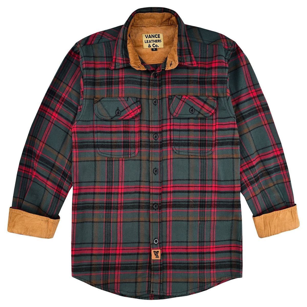 Woodlot Men's Long Sleeve Plaid Button Down Casual Flannel Shirt, 100% Cotton, Corduroy Cuffs