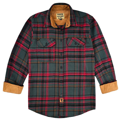 Woodlot Men's Long Sleeve Plaid Button Down Casual Flannel Shirt, 100% Cotton, Corduroy Cuffs