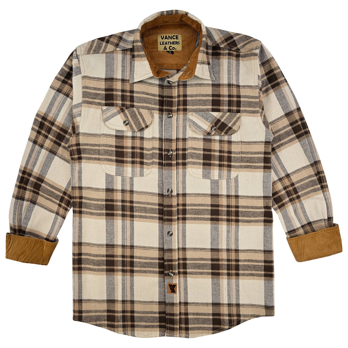 Vance Leather VB1720CoCr Men's Coffee & Cream Long Sleeve Plaid Button Down Casual Flannel Shirt, 100% Cotton, Corduroy Cuffs