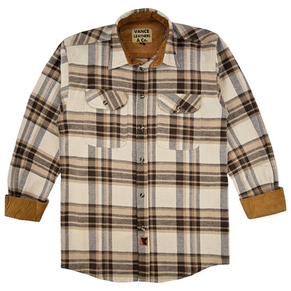 Vance Leather VB1720CoCr Men's Coffee & Cream Long Sleeve Plaid Button Down Casual Flannel Shirt, 100% Cotton, Corduroy Cuffs