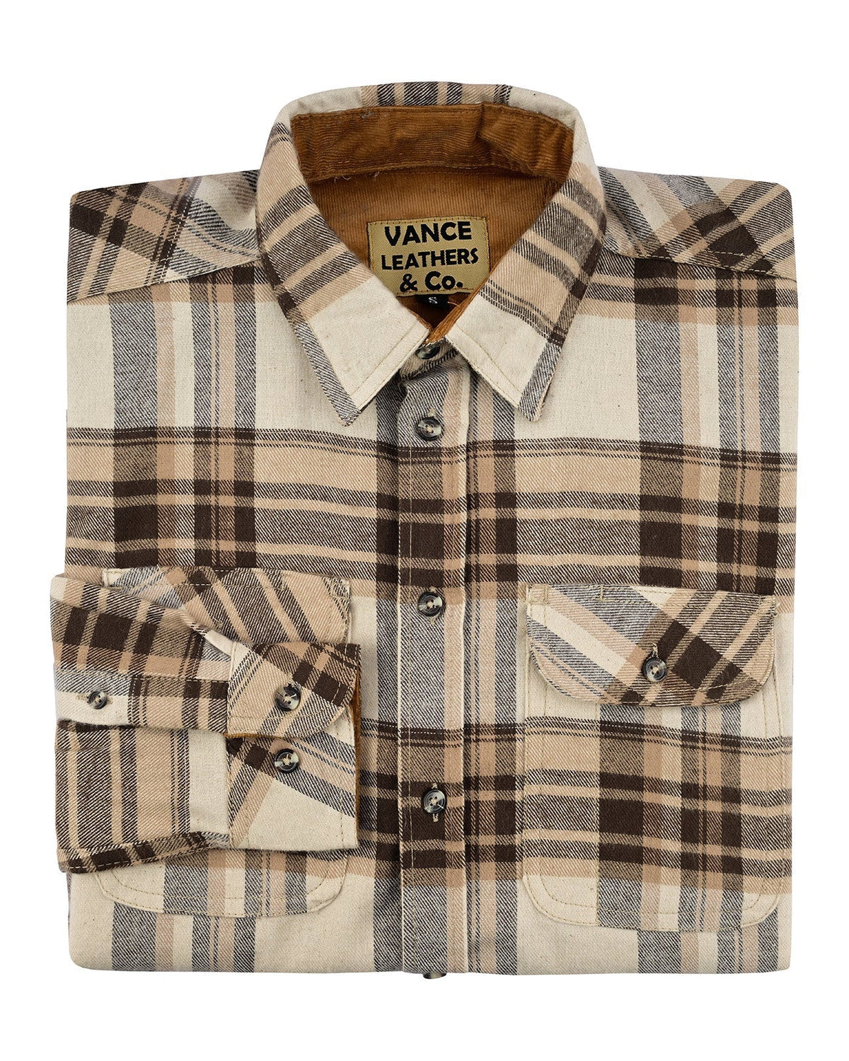 Vance Leather VB1720CoCr Men's Coffee & Cream Long Sleeve Plaid Button Down Casual Flannel Shirt, 100% Cotton, Corduroy Cuffs