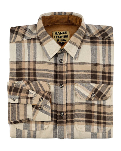 Vance Leather VB1720CoCr Men's Coffee & Cream Long Sleeve Plaid Button Down Casual Flannel Shirt, 100% Cotton, Corduroy Cuffs