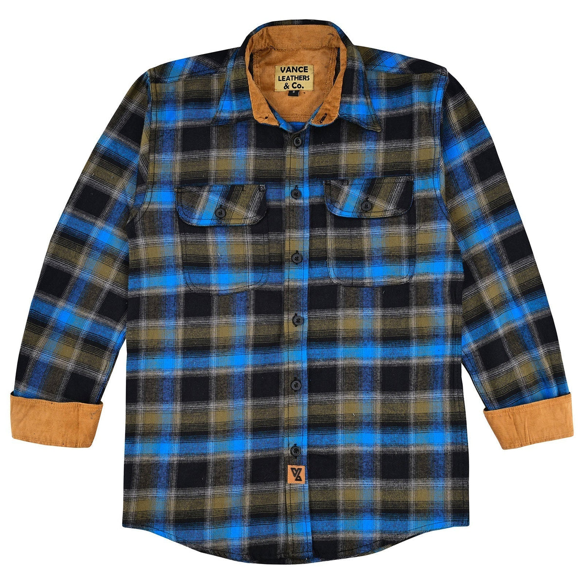 Vance Leather VB1716BrBl Plaid River Men's Long Sleeve Plaid Button Down Casual Flannel Shirt, 100% Cotton, Corduroy Cuffs