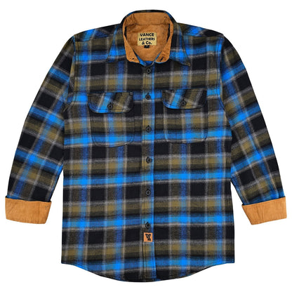 Vance Leather VB1716BrBl Plaid River Men's Long Sleeve Plaid Button Down Casual Flannel Shirt, 100% Cotton, Corduroy Cuffs