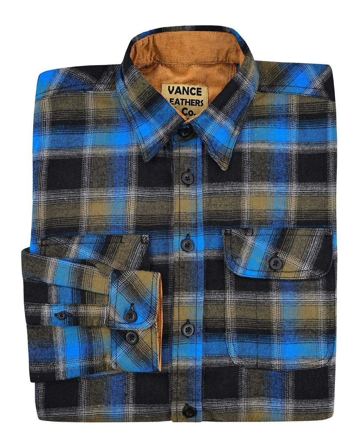 Vance Leather VB1716BrBl Plaid River Men's Long Sleeve Plaid Button Down Casual Flannel Shirt, 100% Cotton, Corduroy Cuffs