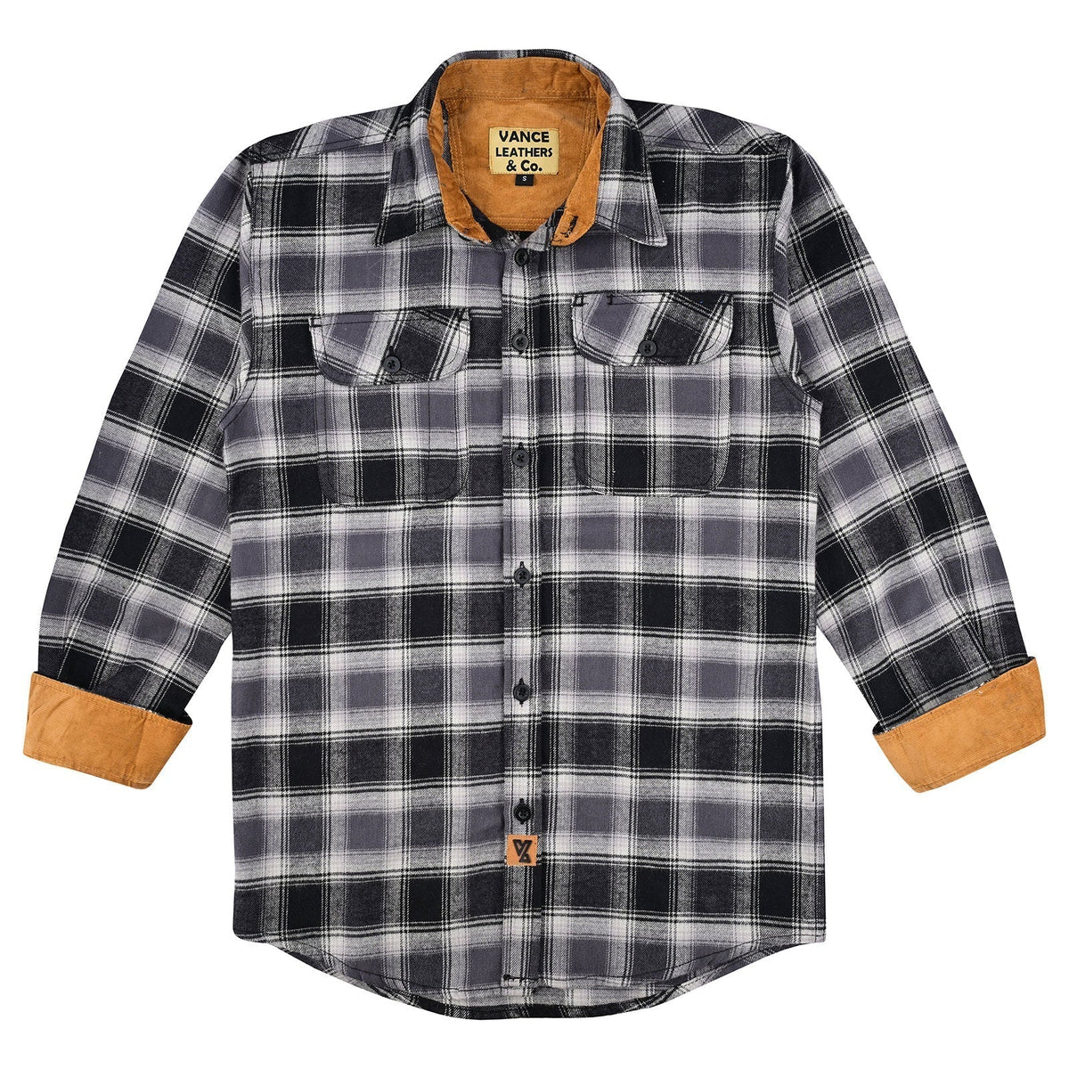 Vance Leather VB1711BG Castlerock Men's Long Sleeve Plaid Button Down Casual Flannel Shirt, 100% Cotton, Corduroy Cuffs