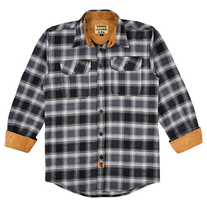 Vance Leather VB1711BG Castlerock Men's Long Sleeve Plaid Button Down Casual Flannel Shirt, 100% Cotton, Corduroy Cuffs