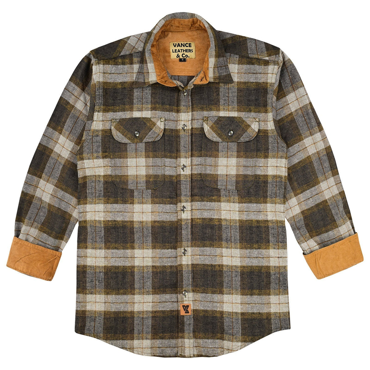 Vance Leather VB1713TG Tuscan Gold Men's Long Sleeve Plaid Button Down Casual Flannel Shirt, 100% Cotton, Corduroy Cuffs