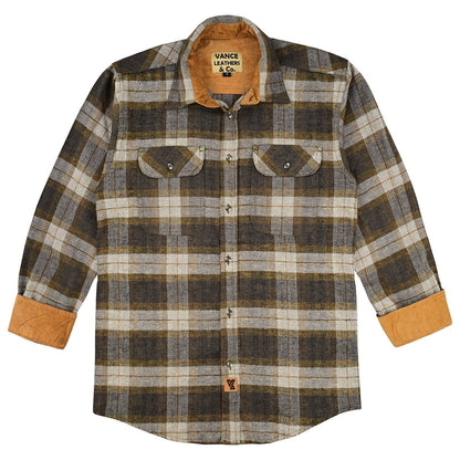 Vance Leather VB1713TG Tuscan Gold Men's Long Sleeve Plaid Button Down Casual Flannel Shirt, 100% Cotton, Corduroy Cuffs