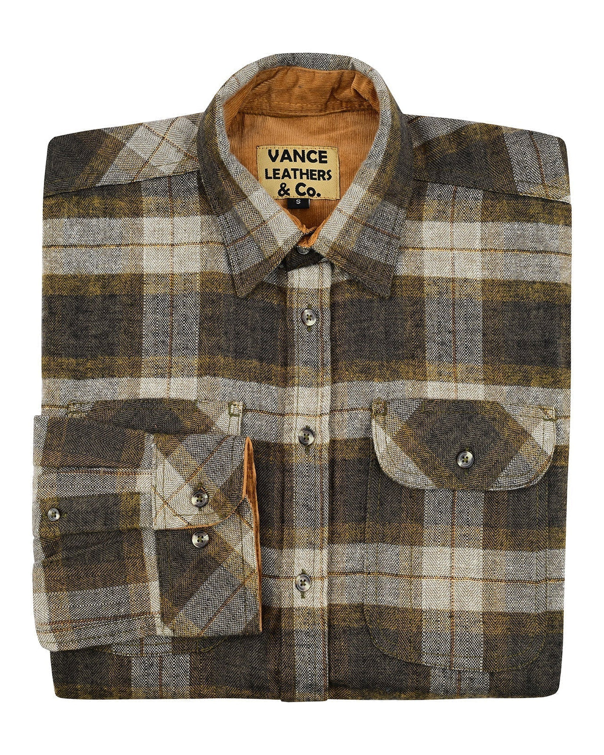 Vance Leather VB1713TG Tuscan Gold Men's Long Sleeve Plaid Button Down Casual Flannel Shirt, 100% Cotton, Corduroy Cuffs