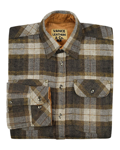 Vance Leather VB1713TG Tuscan Gold Men's Long Sleeve Plaid Button Down Casual Flannel Shirt, 100% Cotton, Corduroy Cuffs