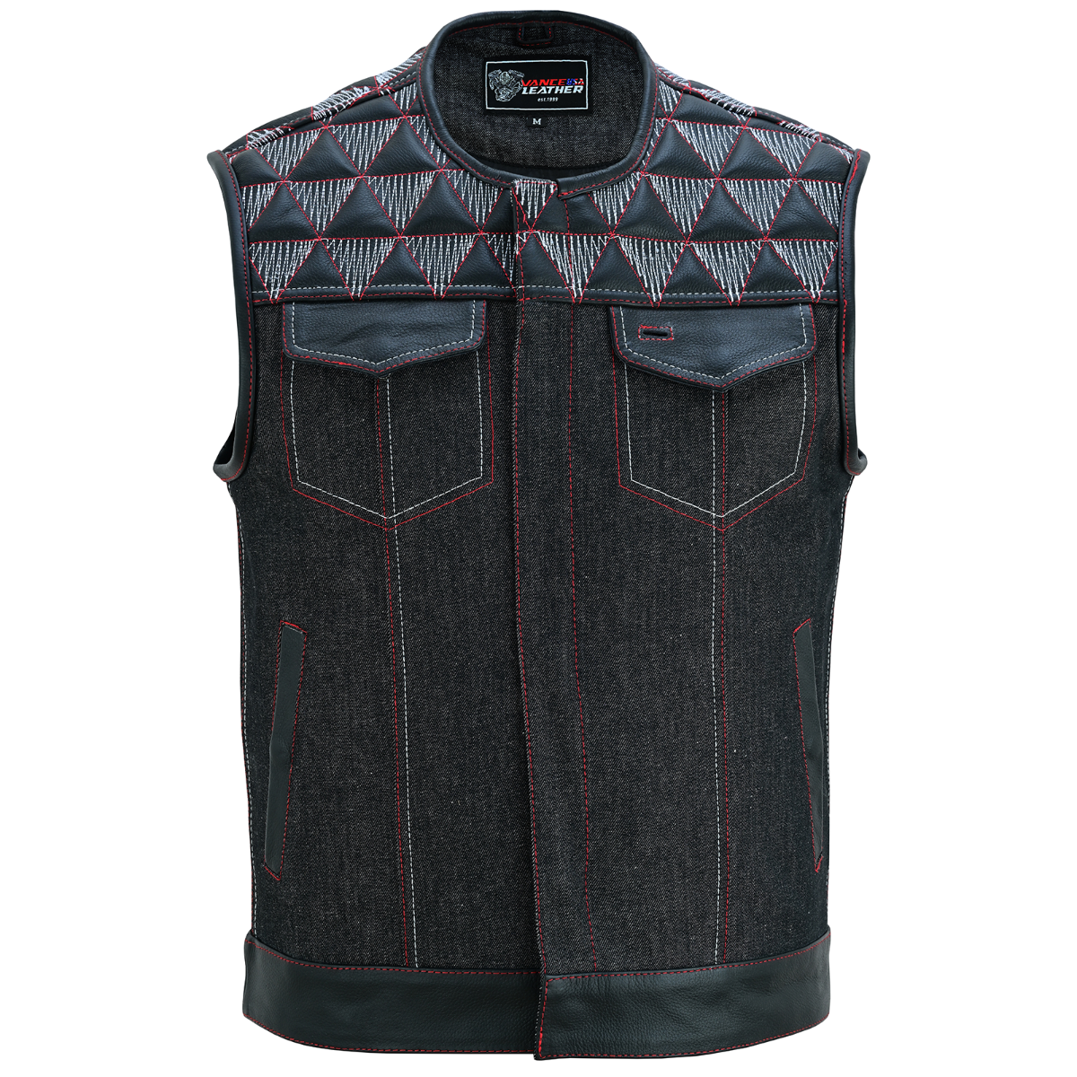 Vance Leather Men's Denim & Leather Motorcycle Vest - Red & White Stitching, Conceal Carry Pockets